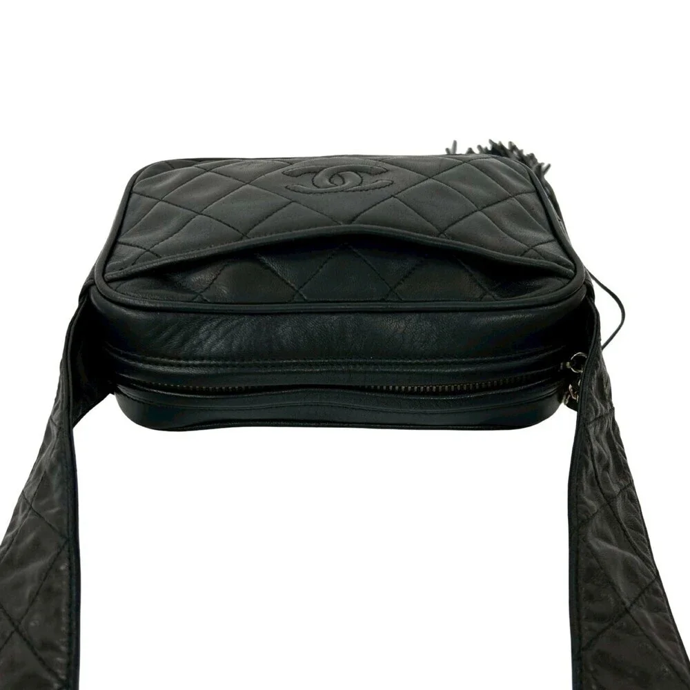 CHANEL Black Lambskin Leather Logo Shoulder Bag